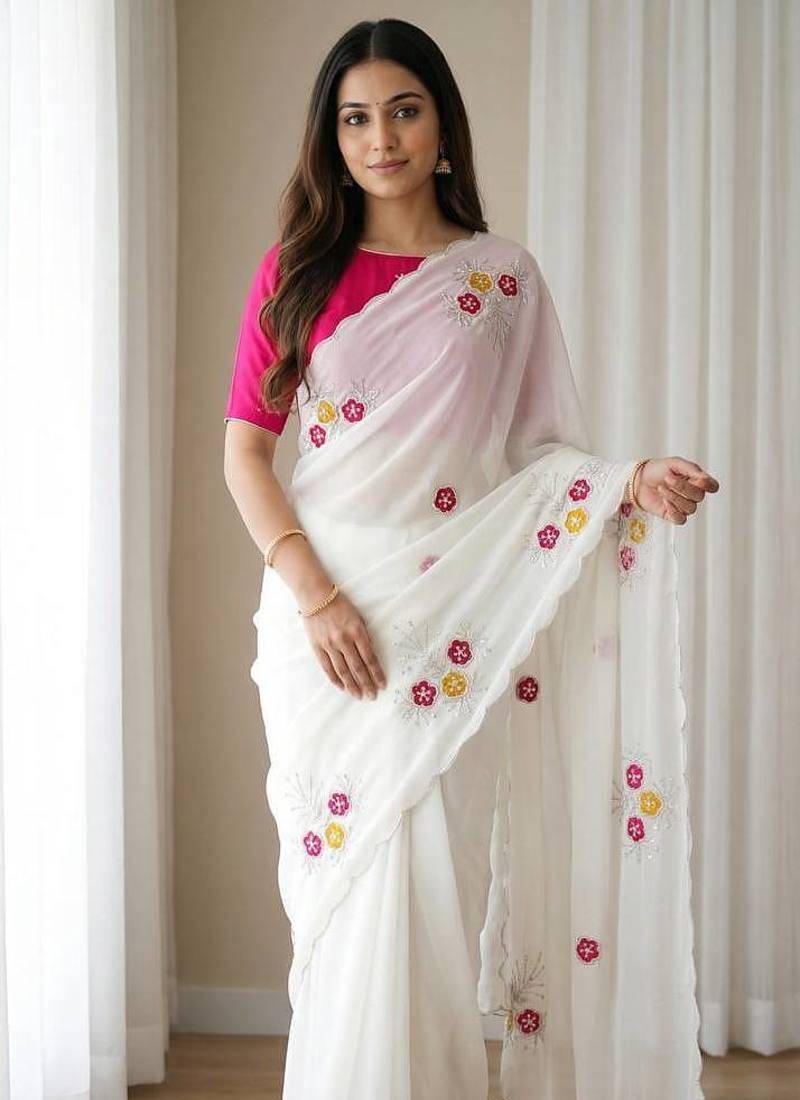 White Color Handwork Khatali Butta With Cutdana Sequence And Cutdana Arco Border Silk Saree