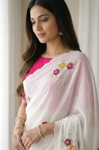 White Color Handwork Khatali Butta With Cutdana Sequence And Cutdana Arco Border art silk saree