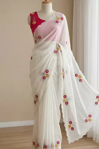 White Color Handwork Khatali Butta With Cutdana Sequence And Cutdana Arco Border art silk saree