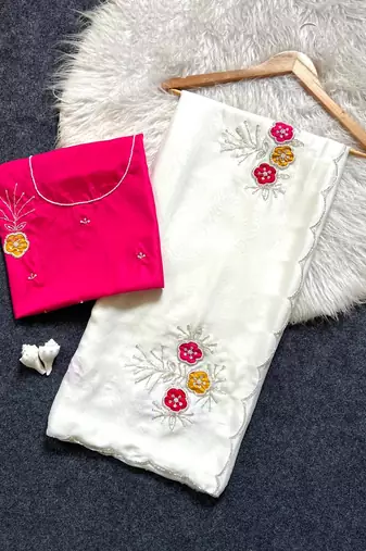 White Color Handwork Khatali Butta With Cutdana Sequence And Cutdana Arco Border art silk saree