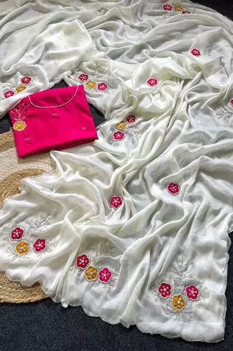 White Color Handwork Khatali Butta With Cutdana Sequence And Cutdana Arco Border art silk saree