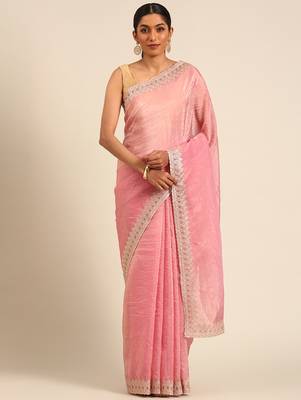 Pink gold crush embroidery work border saree 1