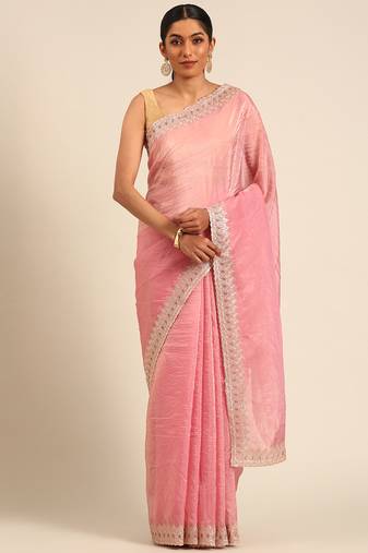Pink gold crush embroidery work border saree