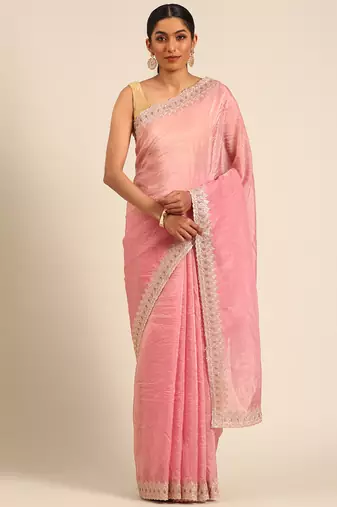Pink gold crush embroidery work border saree