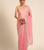 Pink gold crush embroidery work border saree