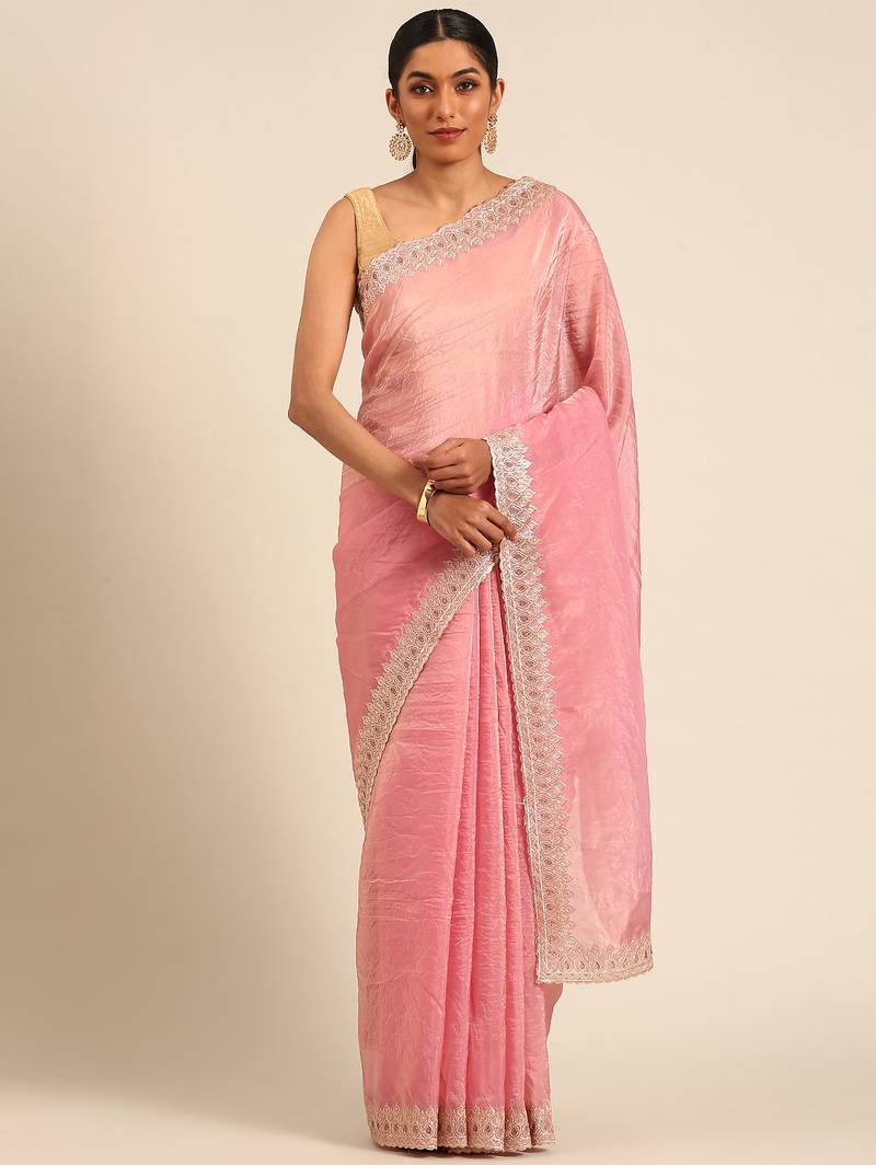 Pink gold crush embroidery work border saree