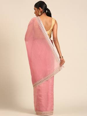 Pink gold crush embroidery work border saree 2