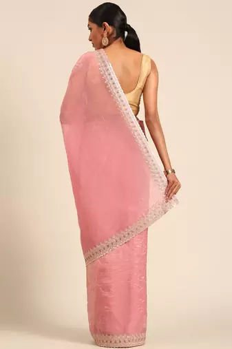 Pink gold crush embroidery work border saree