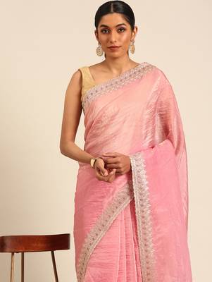 Pink gold crush embroidery work border saree 3