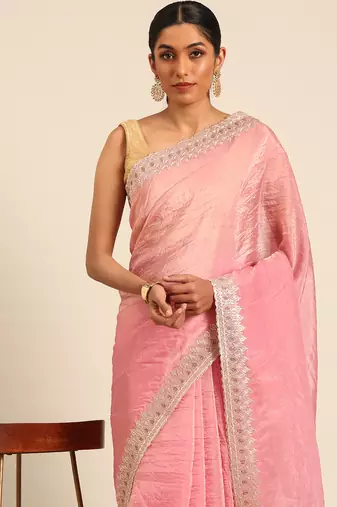 Pink gold crush embroidery work border saree