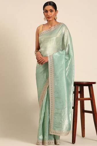 Blue gold crush embroidery work border saree