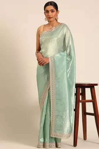 Blue gold crush embroidery work border saree