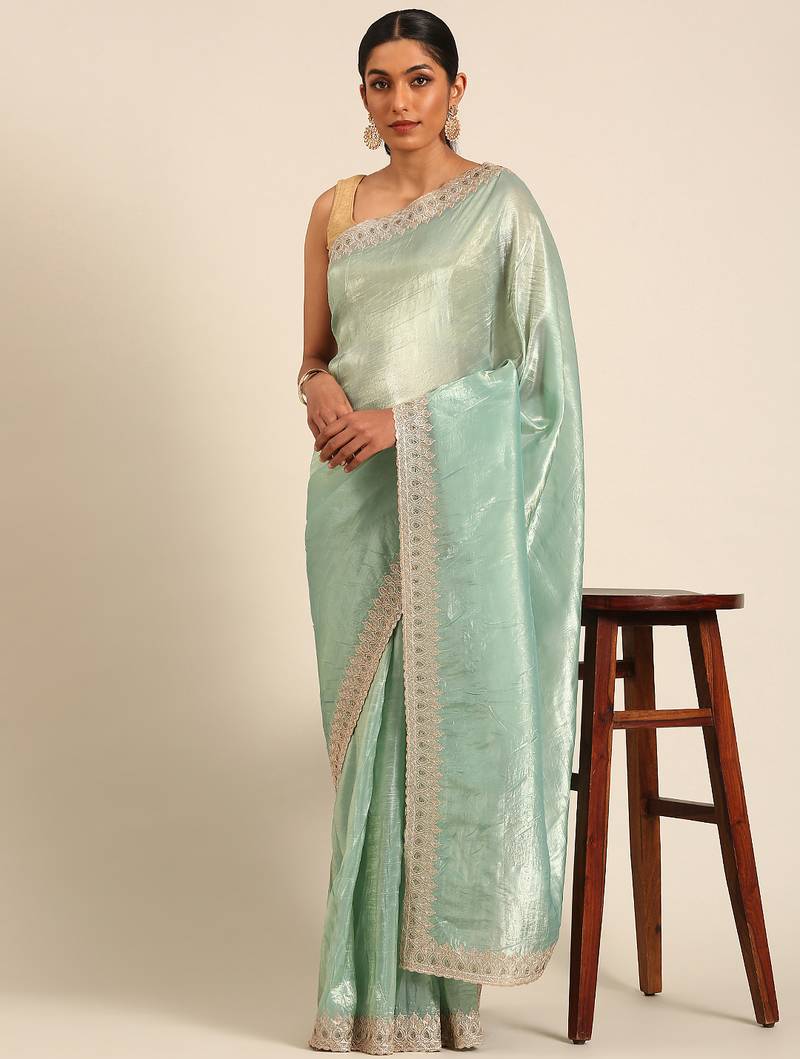 Blue gold crush embroidery work border saree