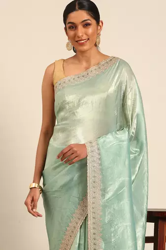 Blue gold crush embroidery work border saree