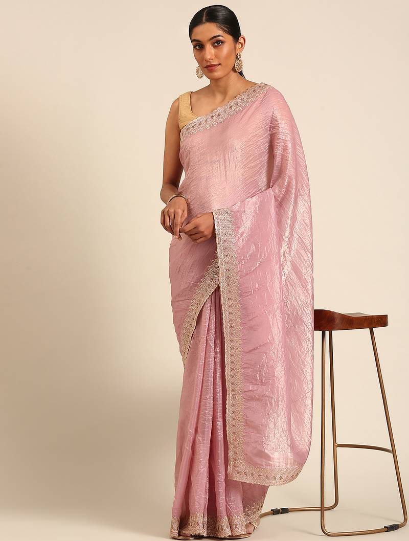 Purple gold crush embroidery work border saree