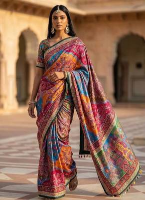 Multi Color Print And Real Mirror work art silk saree 1