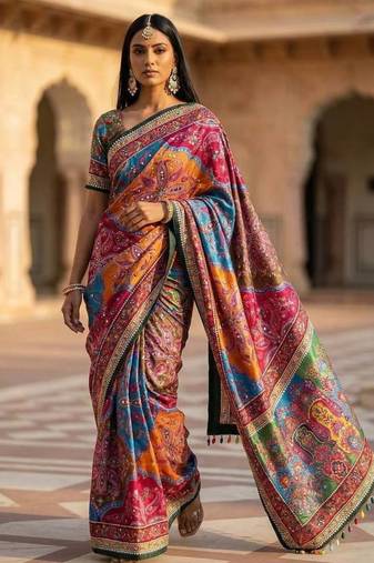 Multi Color Print And Real Mirror work Silk Saree