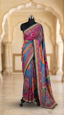 Multi Color Print And Real Mirror work art silk saree 2