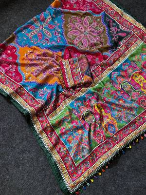 Multi Color Print And Real Mirror work art silk saree 3
