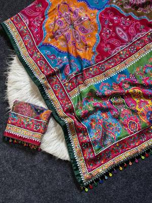 Multi Color Print And Real Mirror work art silk saree 4
