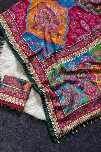 Multi Color Print And Real Mirror work art silk saree
