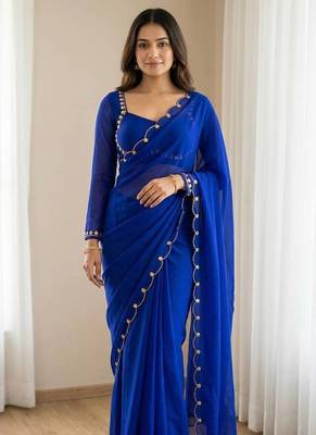 Blue Color Handwork Khatali cutdana With Moti & Small Flower Work Border  Faux Georgette Saree 1