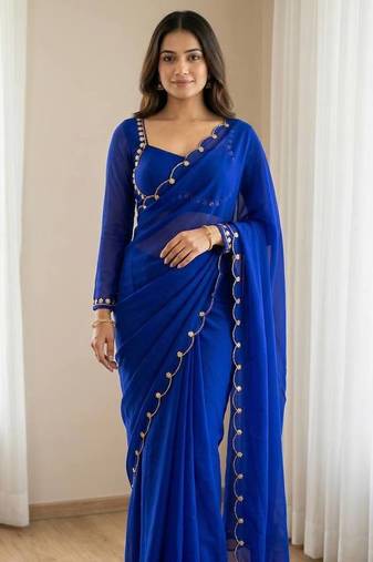 Blue Color Handwork Khatali cutdana With Moti & Small Flower Work Border  Faux Georgette Saree