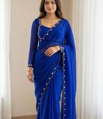 Blue Color Handwork Khatali cutdana With Moti & Small Flower Work Border  Faux Georgette Saree