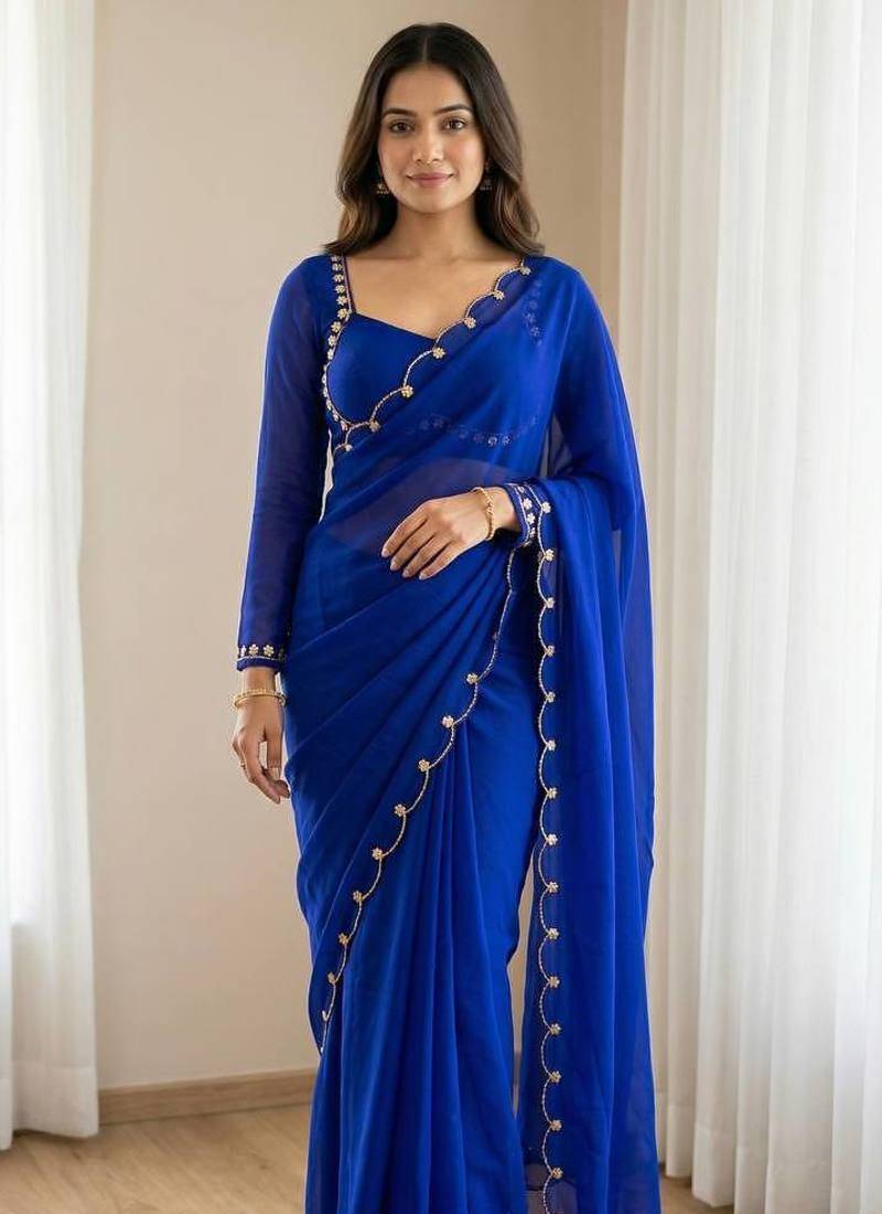 Blue Color Handwork Khatali cutdana With Moti & Small Flower Work Border  Faux Georgette Saree
