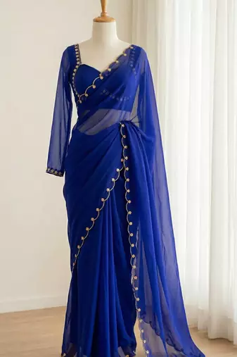 Blue Color Handwork Khatali cutdana With Moti & Small Flower Work Border  Faux Georgette Saree