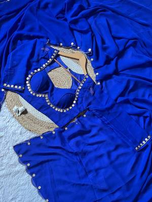 Blue Color Handwork Khatali cutdana With Moti & Small Flower Work Border  Faux Georgette Saree 4
