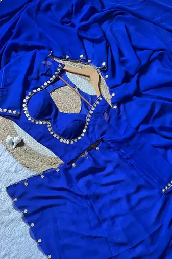Blue Color Handwork Khatali cutdana With Moti & Small Flower Work Border  Faux Georgette Saree