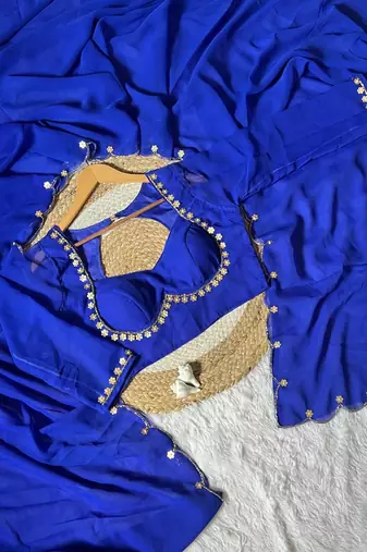 Blue Color Handwork Khatali cutdana With Moti & Small Flower Work Border  Faux Georgette Saree