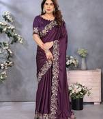 Purple soft satin saree with embroidered border and matching blouse piece