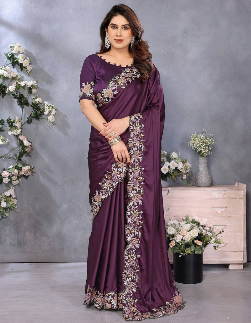 Purple soft satin saree with embroidered border and matching blouse piece