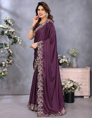 Purple soft satin saree with embroidered border and matching blouse piece 2