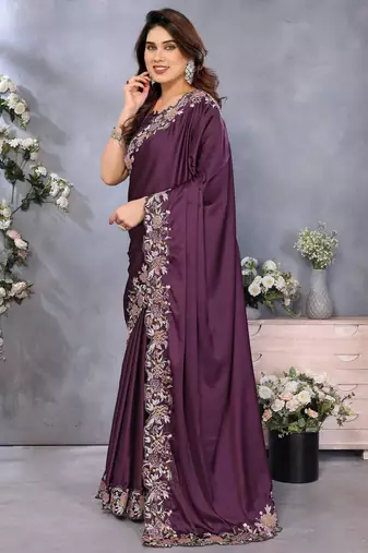 Purple soft satin saree with embroidered border and matching blouse piece