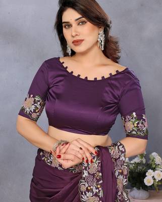 Purple soft satin saree with embroidered border and matching blouse piece 4