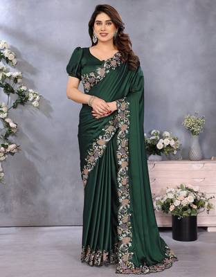 Green soft satin saree with embroidered border and matching blouse piece 1