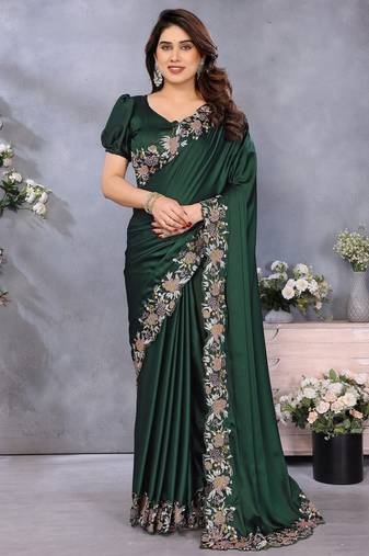 Green soft satin saree with embroidered border and matching blouse piece