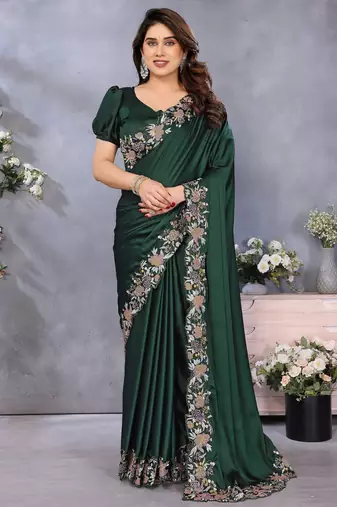 Green soft satin saree with embroidered border and matching blouse piece