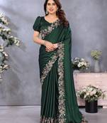 Green soft satin saree with embroidered border and matching blouse piece