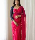 Rani Pink Color Handwork Khatali cutdana With Moti & Small Flower Work Border  Faux Georgette Saree