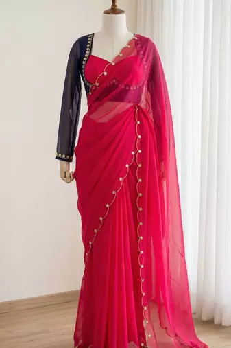 Rani Pink Color Handwork Khatali cutdana With Moti & Small Flower Work Border  Faux Georgette Saree