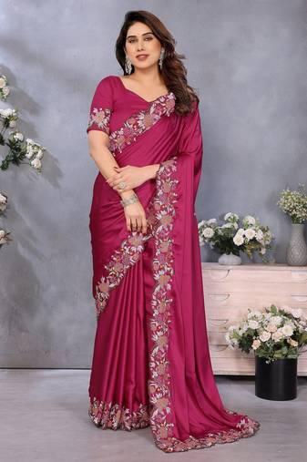 Pink soft satin saree with embroidered border and matching blouse piece