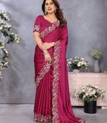 Pink soft satin saree with embroidered border and matching blouse piece