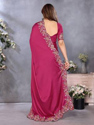 Pink soft satin saree with embroidered border and matching blouse piece 3