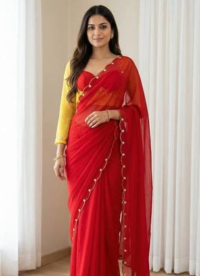 Red Color Handwork Khatali cutdana With Moti & Small Flower Work Border  Faux Georgette Saree 1