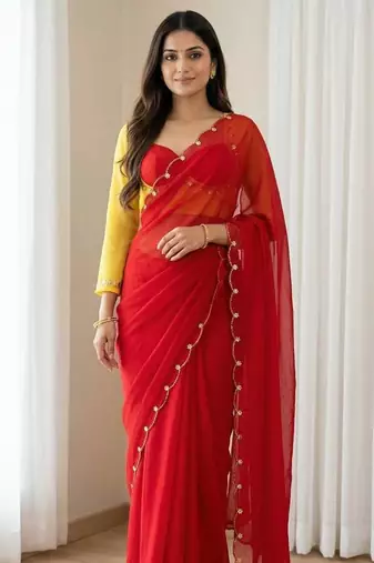 Red Color Handwork Khatali cutdana With Moti & Small Flower Work Border  Faux Georgette Saree