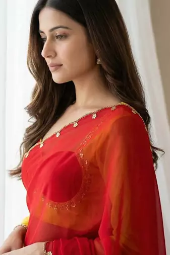 Red Color Handwork Khatali cutdana With Moti & Small Flower Work Border  Faux Georgette Saree